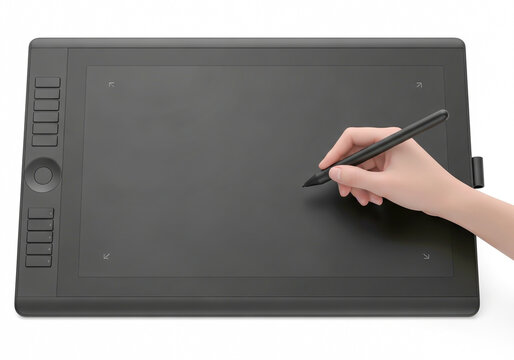 Person using a black digital drawing tablet with a pen