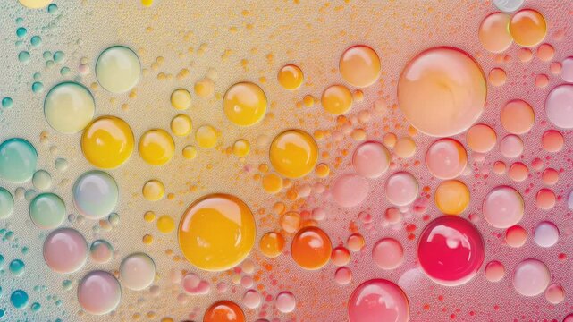 Colorful bubbles of oil and ink creating a vibrant abstract background with a rainbow gradient, showcasing a fascinating chemical reaction in a fluid art macro shot