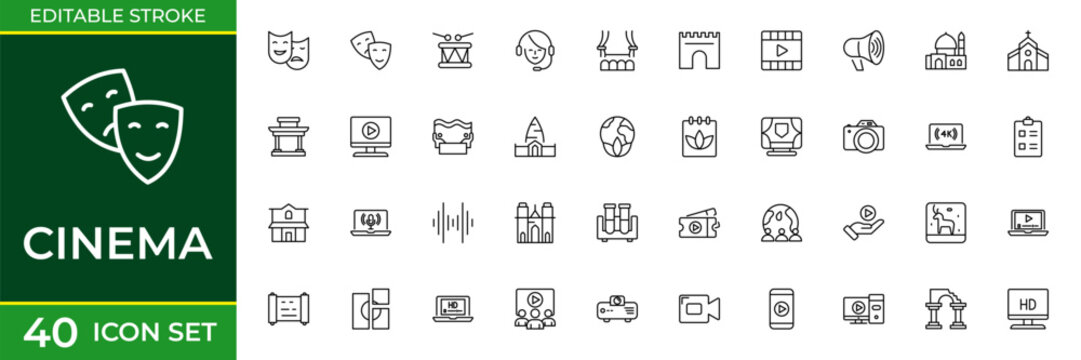 Cinema Line Icon Set for Movie Theater, Film Production, Entertainment, Video Streaming and Media Outline Vector Collection