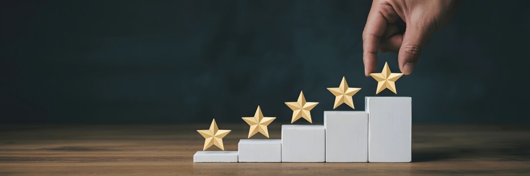 Five shimmering golden stars placed on an escalating stair of white blocks signifying top rating and quality