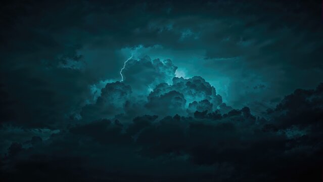 Stormy night sky with thunderclouds and lightning. Weather and nature, atmospheric phenomenon. The scene of a thunderstorm and stormy weather.