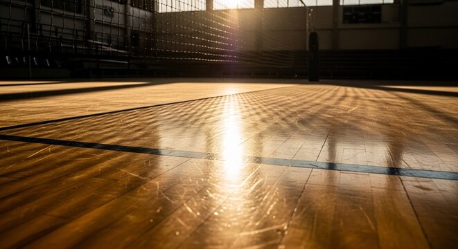 Sunlight illuminating a polished gymnasium floor with bleachers in the background