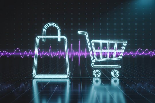 Glowing wireframe shopping bag and cart connected by vibrant purple data wave