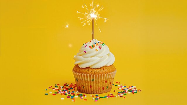 A cupcake with a lit sparkler on top, surrounded by colorful sprinkles, against a yellow background. The year 1983 is indicated.