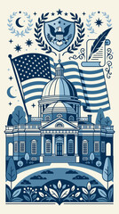 Naklejka premium American Independence Day Illustration: Capitol Building, US Flag, Eagle Emblem, Laurel Wreath