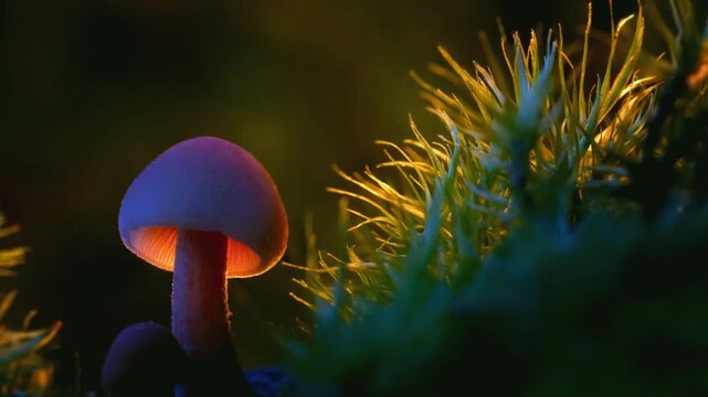 Forest Mushrooms Growing in Macro Close Up, Wild Fungi Nature 4K Video