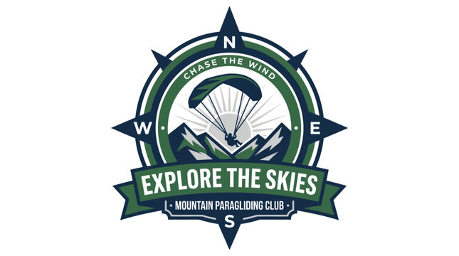 Mountain Paragliding Club Emblem With Compass Rose Design.