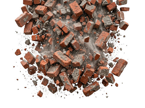 Exploding red bricks and concrete debris in mid-air with dynamic smoke isolated on transparent background. Perfect for.