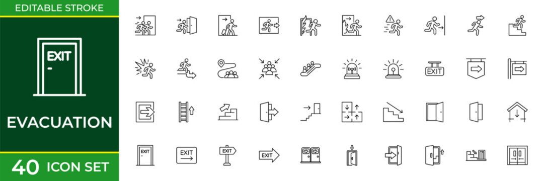 Evacuation Line Icon Set for Emergency Exit, Disaster Preparedness, Fire Safety, Rescue and Emergency Response Outline Vector Collection