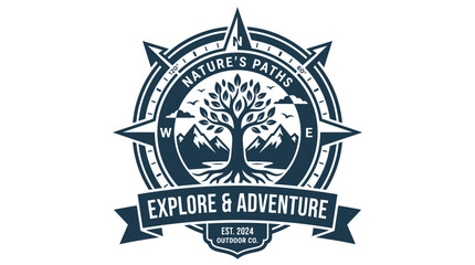 Fototapeta premium Vintage style outdoor adventure badge with compass and tree.