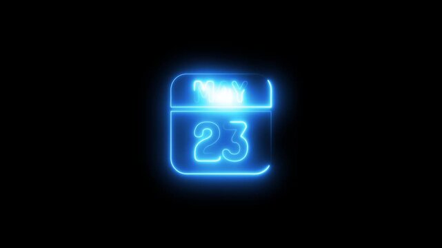 Neon may 23 calendar date glowing blue light 4k animation video one black background 