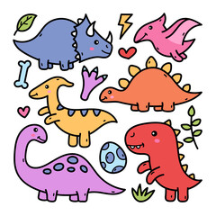 Cute Cartoon Dinosaurs Vector Set Hand Drawn Prehistoric Animals Eggs Leaves and Hearts Collection © Asif