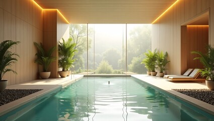 Fototapeta premium Serene indoor swimming pool with wooden paneling, tropical plants and misty forest view