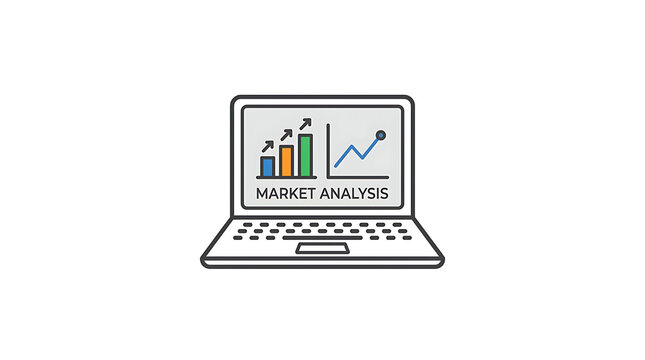 Digital laptop display showing colorful financial growth charts and professional market analysis data visualization concepts