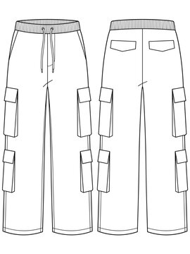 mens wide leg baggy y2k streetwear cargo pant flat sketch vector illustration front and back view technical cad drawing template