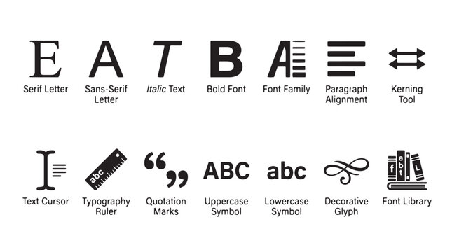 Typography and font editing icons set, 14 black vector symbols for graphic design software, text formatting and typesetting tools collection