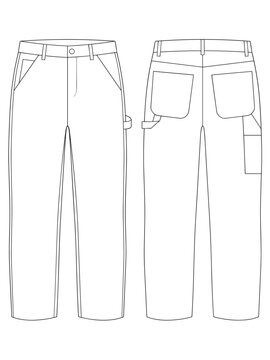 unisex carpenter skate pant streetwear teen flat sketch vector illustration front and back view technical cad drawing template