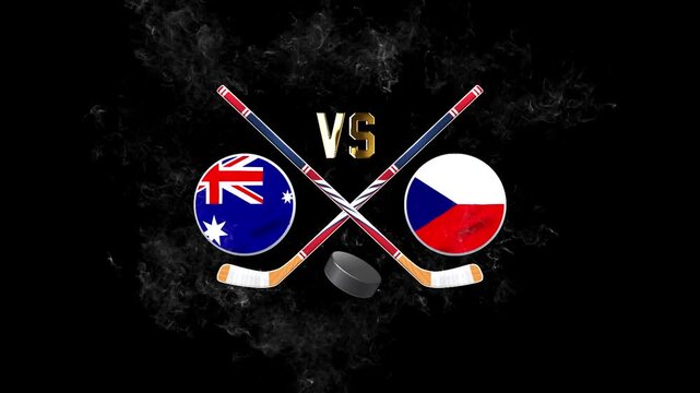 Australia vs Czech Republic hockey match concept with crossed hockey sticks, puck, and national flags on a dark background