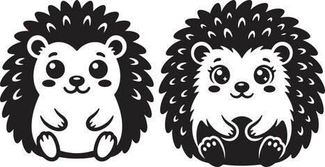 Obraz premium Cute cartoon hedgehog silhouette pair in black and white vector graphic illustration with hedgehog silhouette illustration wildlife