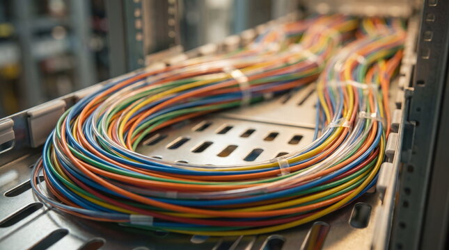 Coiled bundle of colorful network cables neatly routed on a metal tray in a telecommunications data center