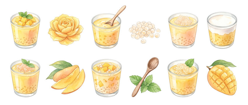 Mango sago dessert watercolor clipart collection with fresh mango slices, tapioca pearls, sweet pudding glasses, mint leaves, and a yellow rose isolated on black background for summer menu graphics.