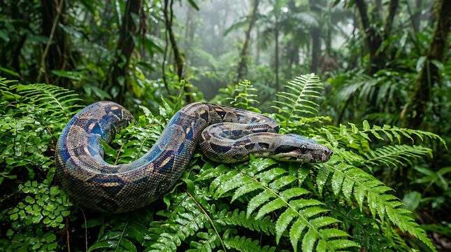 A majestic boa constrictor coiled amongst lush green ferns in a misty tropical rainforest environment