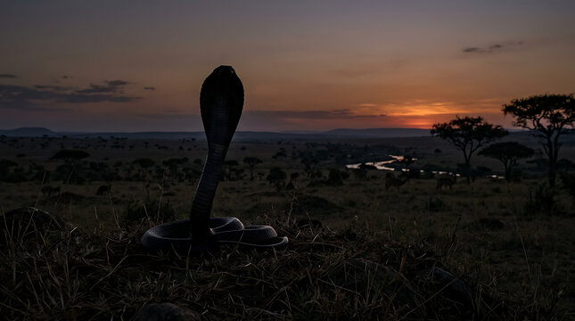 A majestic cobra with its hood flared stands silhouetted against a dramatic sunset over a vast savanna landscape