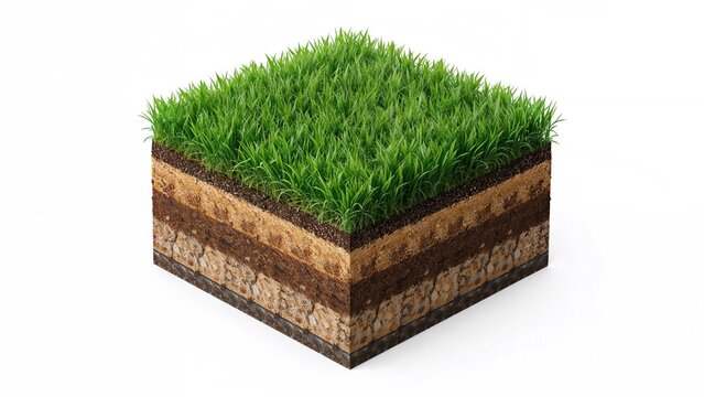A cross-section of lush green grass on soil and underground layers. Roots and soil layers depicted.