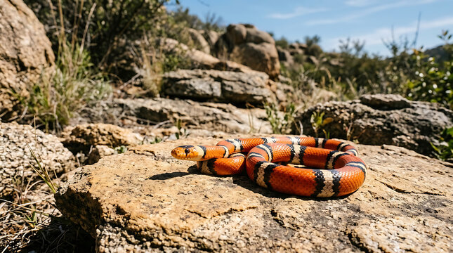Coral snake basking on a sun-drenched rock in a dry, rocky environment