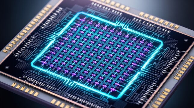 Futuristic quantum computing processor with glowing neon grid pattern on silicon wafer, advanced semiconductor technology and nanotechnology background