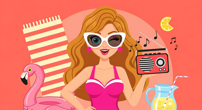 Pixel art girl in pink swimsuit with flamingo and summer items