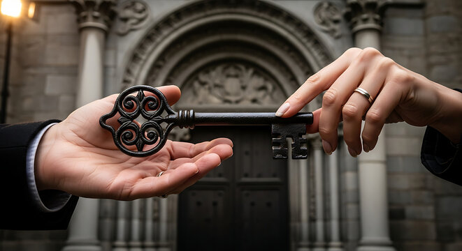 Two hands passing an antique metal key