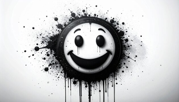Grungy black and white smiley face graffiti illustration with paint drips and ink splatters on a white background
