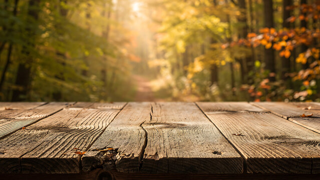 Rustic wooden table texture in foreground with blurred early fall forest background