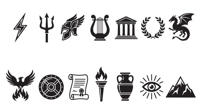 Ancient Greek mythology icons set, black silhouette olympian god symbols, 14 flat vector elements for history education and gaming logos