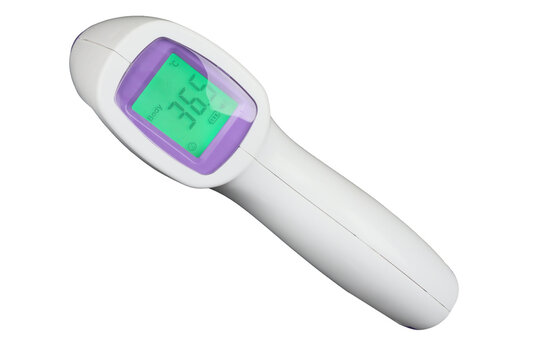 Digital infrared thermometer displaying normal body temperature reading on green LCD screen isolated on isolated background