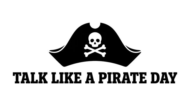 Talk Like a Pirate Day celebration vector illustration. Minimalist skull and crossbones emblem with bold typography for pirate-themed events.