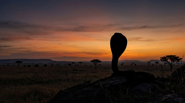 Silhouette of a majestic cobra with its hood flared against a vibrant African sunset sky.