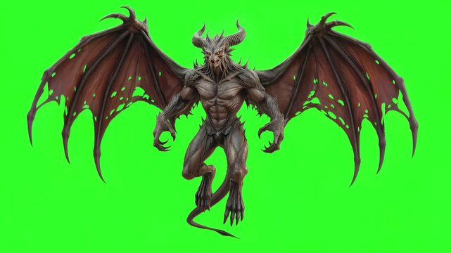 Demonic creature with large wings roaring on green screen. Mythical monster character for fantasy game or movie production. Vertical tilting camera movement.