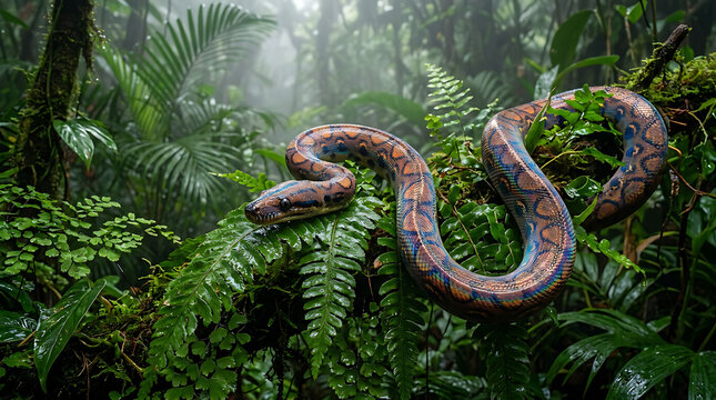 Vibrant Rainbow Boa Constrictor Coiled Among Lush Ferns in a Misty Tropical Rainforest