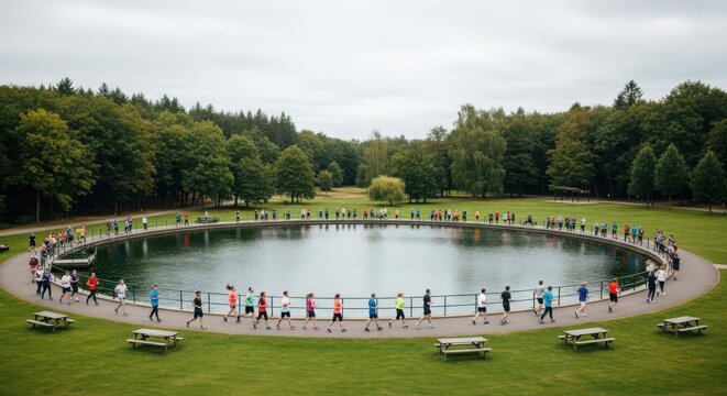 Group of diverse participants enjoying a spirited fun run around a scenic lake surrounded by lush green trees.