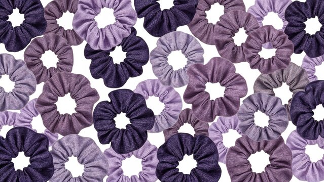 A collection of purple and lavender fabric scrunchies arranged closely together.