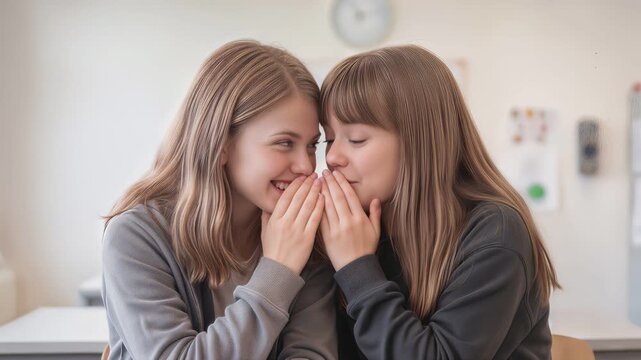 Teenage girls whispering and laughing together in classroom. Close-up shot of friends sharing secrets.