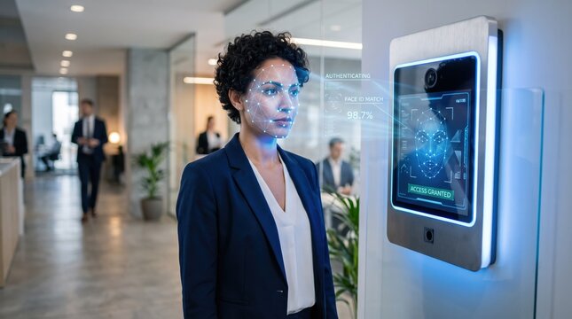Businesswoman using facial recognition technology for secure access control system in modern office lobby, biometric authentication and identity verification concept for securit...