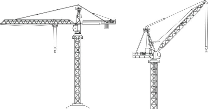 Detailed construction tower crane vector illustration in outline style with different designs