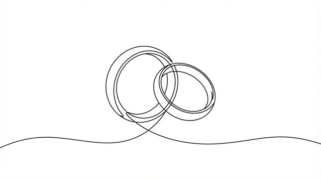 Single continuous line art interlocking wedding rings vector minimalist one line drawing of gold bands for marriage invitation design