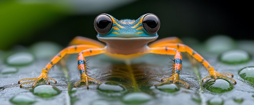 Vibrant Rainforest Frog Perched on Leaf Macro View of Colorful Amphibian with Dewdrops.