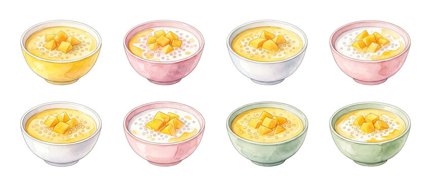 Mango sago dessert watercolor bowls set with fresh mango cubes and tapioca pearls in coconut milk, sweet Asian tropical treats isolated on black background for menu design and culinary projects.