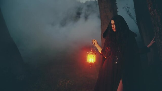 Mystery person, gothic woman ghost queen walking in dark dense fog forest hands hold lantern lamp illuminating way with light. long black dress cape hood. Fantasy elf girl got lost in night wood trees