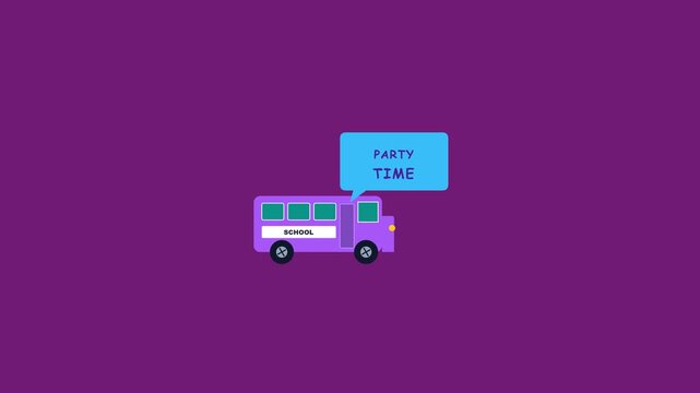 Animated Purple Bus with Party Time Speech Bubble Graphic.